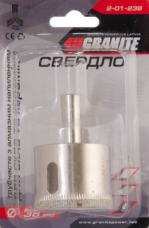 Свердло для скла та кераміки GRANITE трубчасте з алмазним напиленням 38 мм 2-01-238