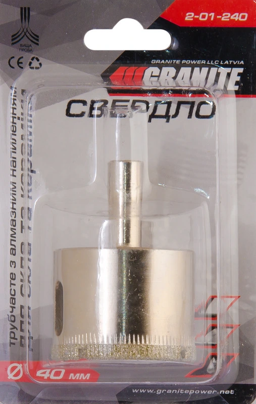 Свердло для скла та кераміки GRANITE трубчасте з алмазним напиленням 40 мм 2-01-240