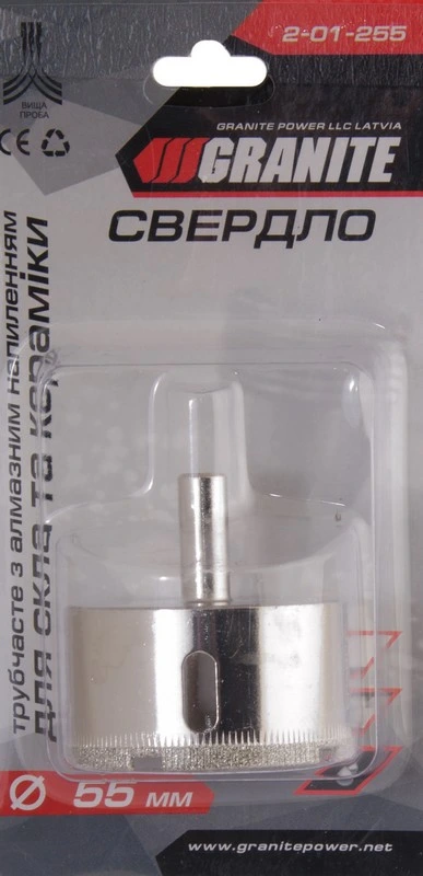 Свердло для скла та кераміки GRANITE трубчасте з алмазним напиленням 55 мм 2-01-255