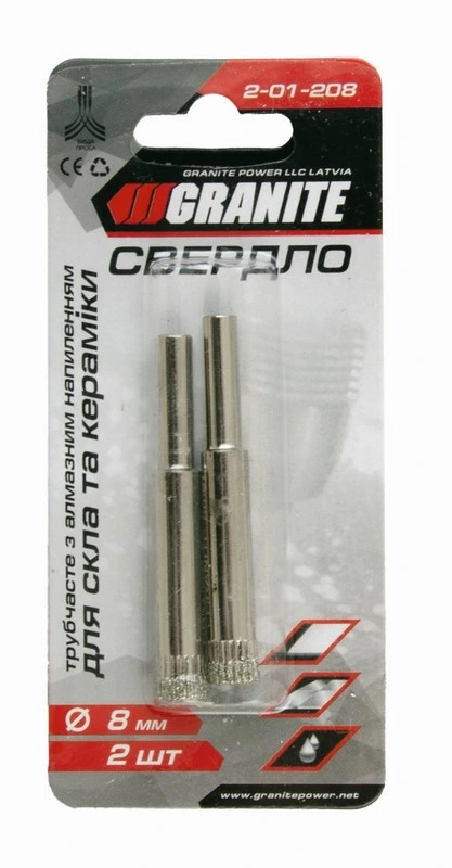 Свердло для скла та кераміки GRANITE трубчасте з алмазним напиленням 8 мм 2 шт 2-01-208