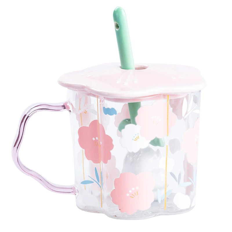 Чашка скляна 500 мл з ложкою і кришкою Рожевий HP7213P