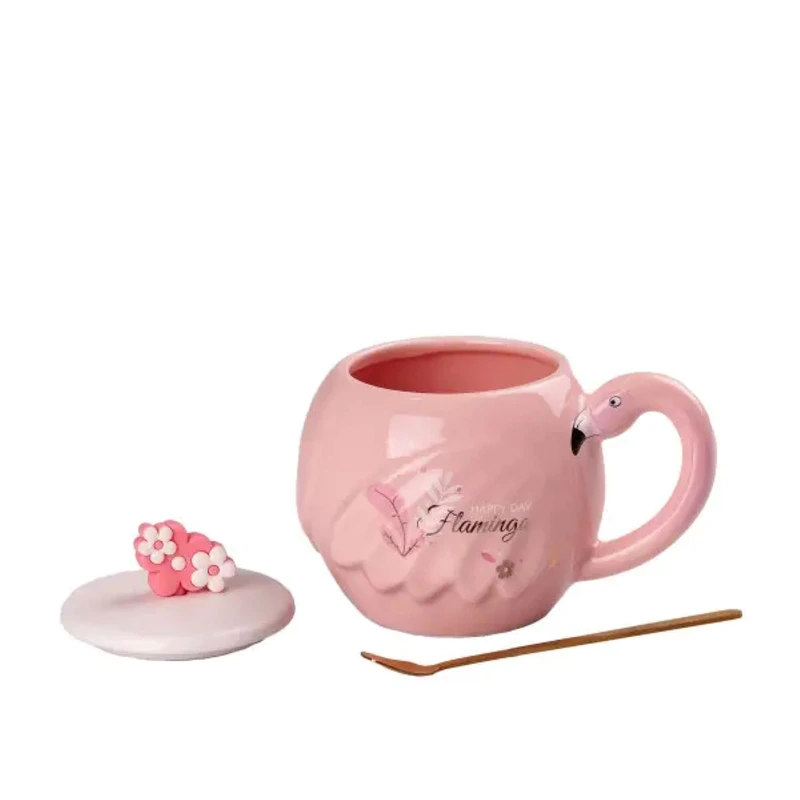 Чашка порцелянова 500 мл Фламінго з кришкою і ложкою HPCY8276FM