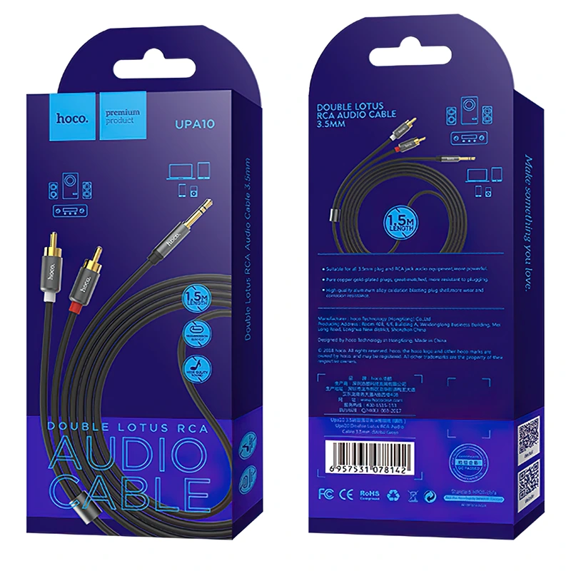 Аудіокабель HOCO UPA10 3.5mm male to double lotus RCA, TPE, 1.5m, Metal Gray