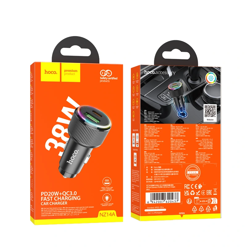 Автомобільний зарядний пристрій HOCO NZ14A Guerrero PD20W+QC3.0 car charger Black
