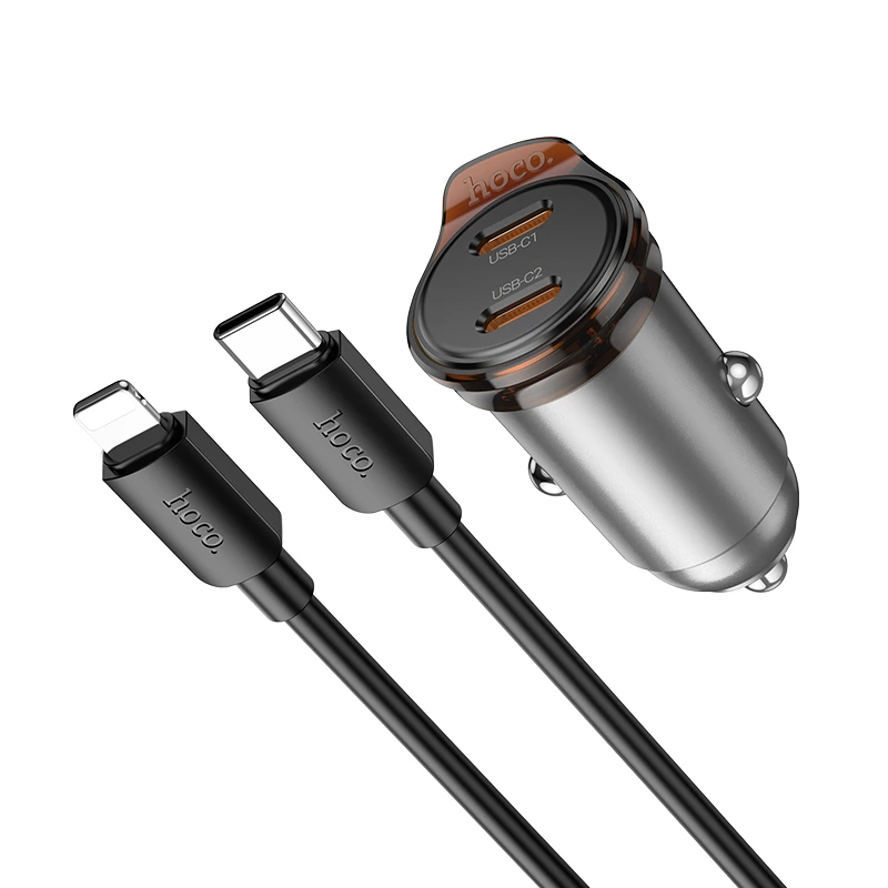 Автомобільний зарядний пристрій HOCO NZ16 Rigorous single port PD30W car charger set(C to iP) Metal Grey — фото 3