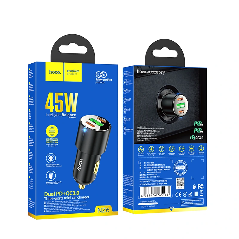 Автомобільний зарядний пристрій HOCO NZ6 PD45W 3-port(2C1A) car charger Black