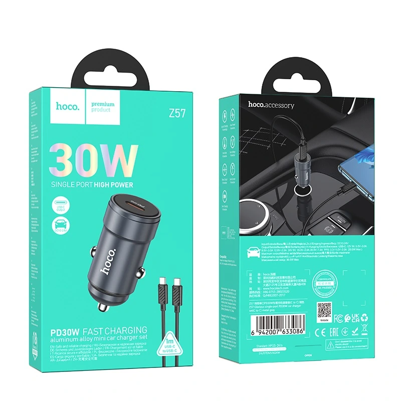 Автомобільний зарядний пристрій HOCO Z57 Glorious single-port PD30W car charger set (C to C) Metal Gray
