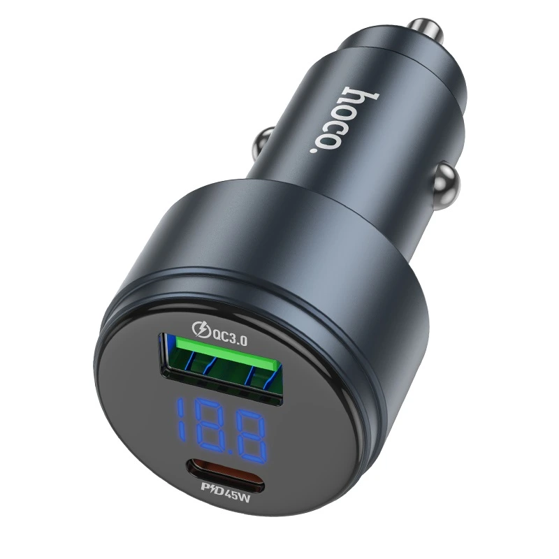 Автомобільний зарядний пристрій HOCO Z57B Glorious 63W dual-port digital display PD45W+QC3.0 car charger Metal Gray — фото 3