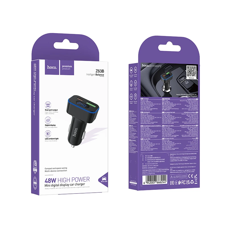 Автомобільний зарядний пристрій HOCO Z63B Barry 48W dual port PD30W+QC3.0 digital display car charger