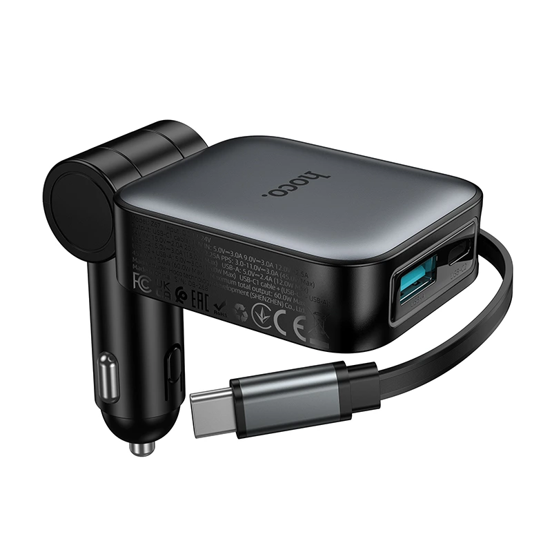Автомобільний зарядний пристрій HOCO Z67 Triunfar PD60W(1C1A)+Type-C car charger with telescopic cable Metal Gray — фото 7