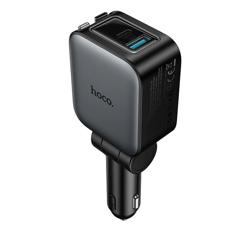 Автомобільний зарядний пристрій HOCO Z67A Triunfar PD60W(1C1A)+Type-C/iP car charger with dual telescopic cable and digital display dark Metal Gray — фото 3