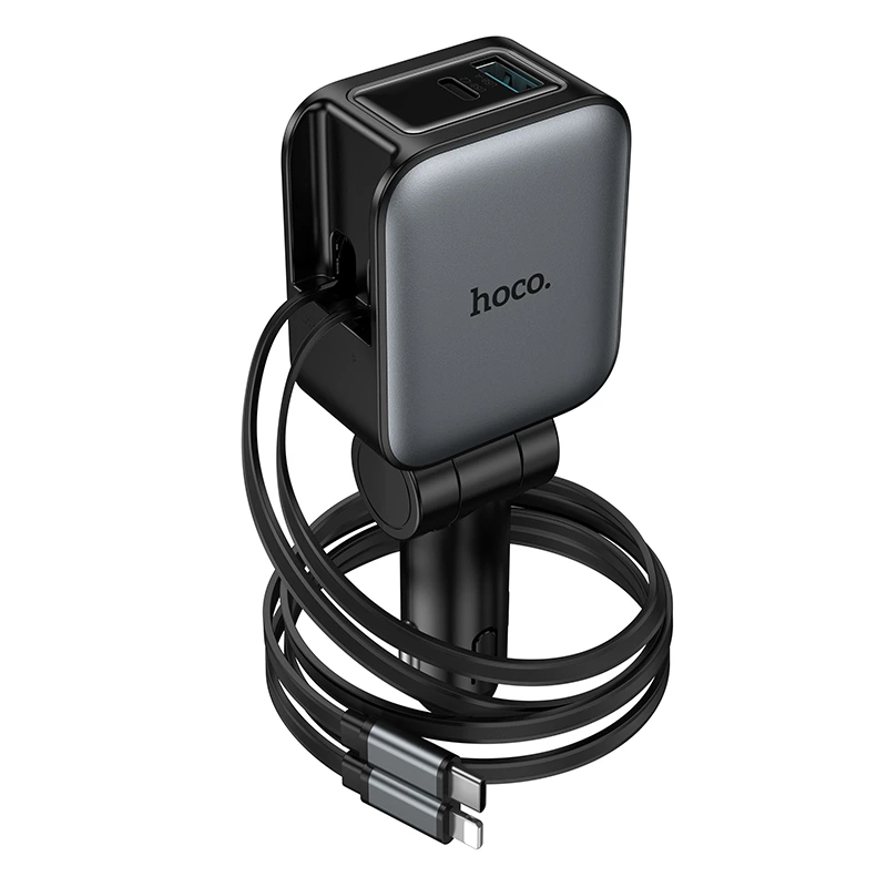 Автомобільний зарядний пристрій HOCO Z67A Triunfar PD60W(1C1A)+Type-C/iP car charger with dual telescopic cable and digital display dark Metal Gray — фото 6