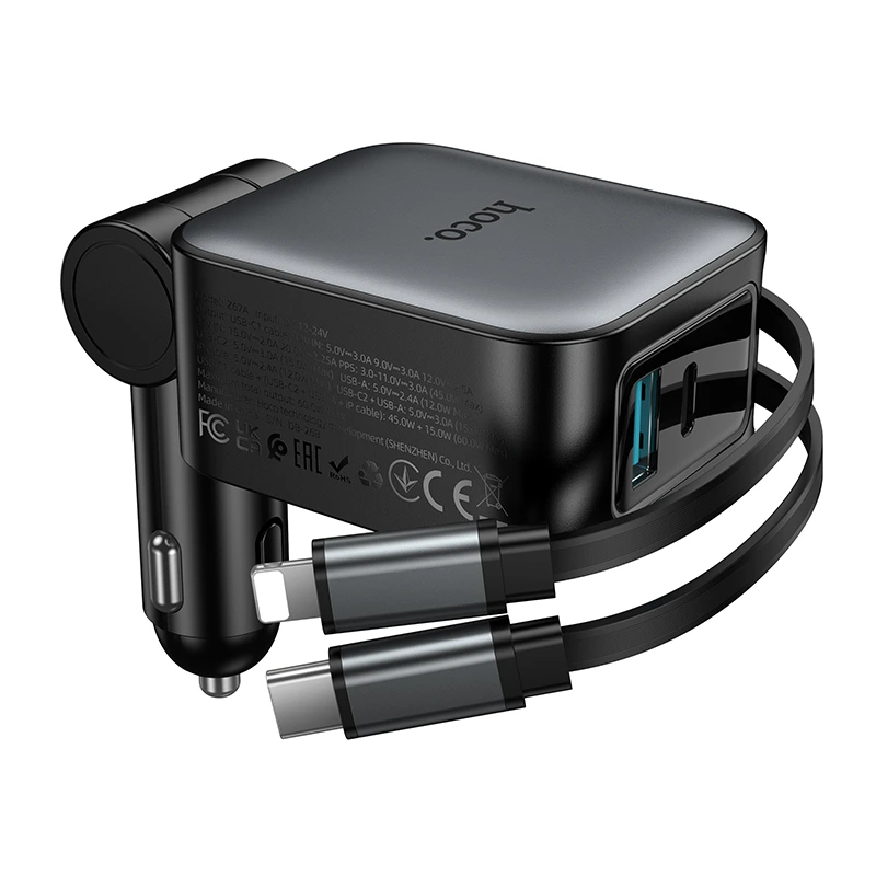 Автомобільний зарядний пристрій HOCO Z67A Triunfar PD60W(1C1A)+Type-C/iP car charger with dual telescopic cable and digital display dark Metal Gray — фото 7