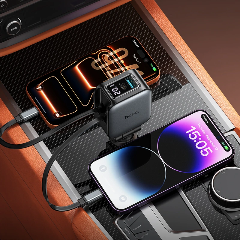Автомобільний зарядний пристрій HOCO Z67A Triunfar PD60W(1C1A)+Type-C/iP car charger with dual telescopic cable and digital display dark Metal Gray — фото 8