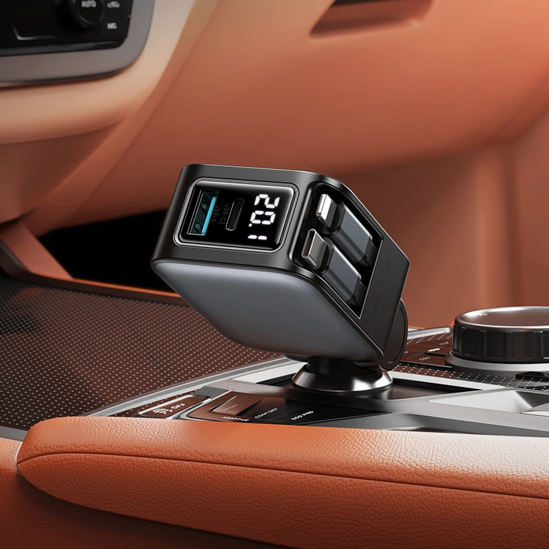 Автомобільний зарядний пристрій HOCO Z67A Triunfar PD60W(1C1A)+Type-C/iP car charger with dual telescopic cable and digital display dark Metal Gray — фото 9