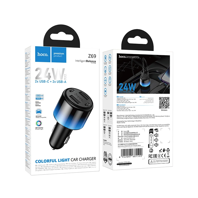 Автомобільний зарядний пристрій HOCO Z69 Vivido 24W(2C2A) car charger Black — фото 2
