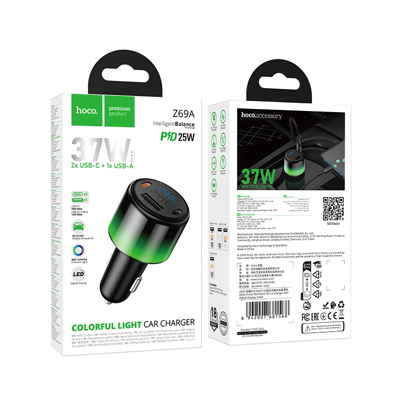 Автомобільний зарядний пристрій HOCO Z69A Vivido PD37W(2C1A) car charger with digital display Black