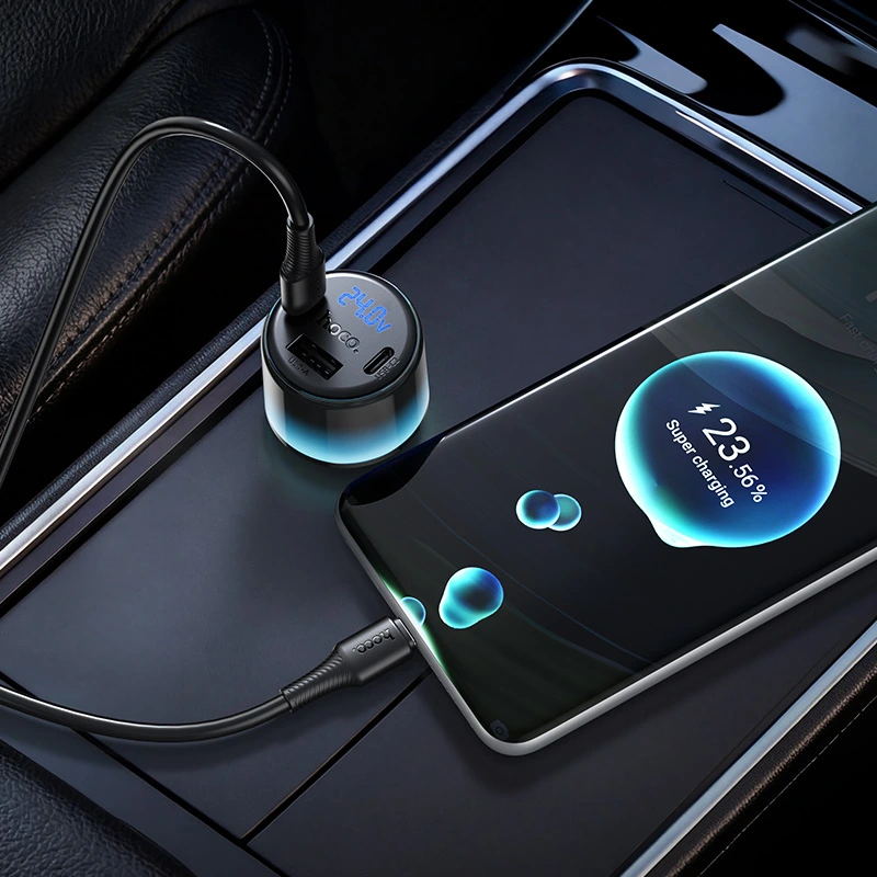 Автомобільний зарядний пристрій HOCO Z69B Vivido PD57W(2C1A) car charger with digital display Black — фото 8