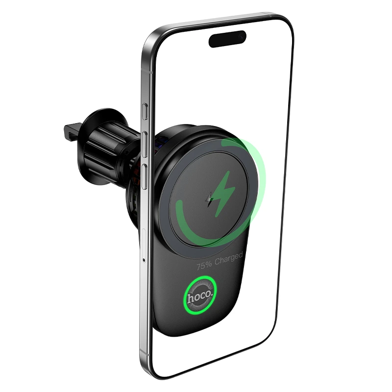 Автотримач для телефона з БЗП HOCO HW36 electric rotating magnetic wireless fast charging car holder(air outlet) Black — фото 3