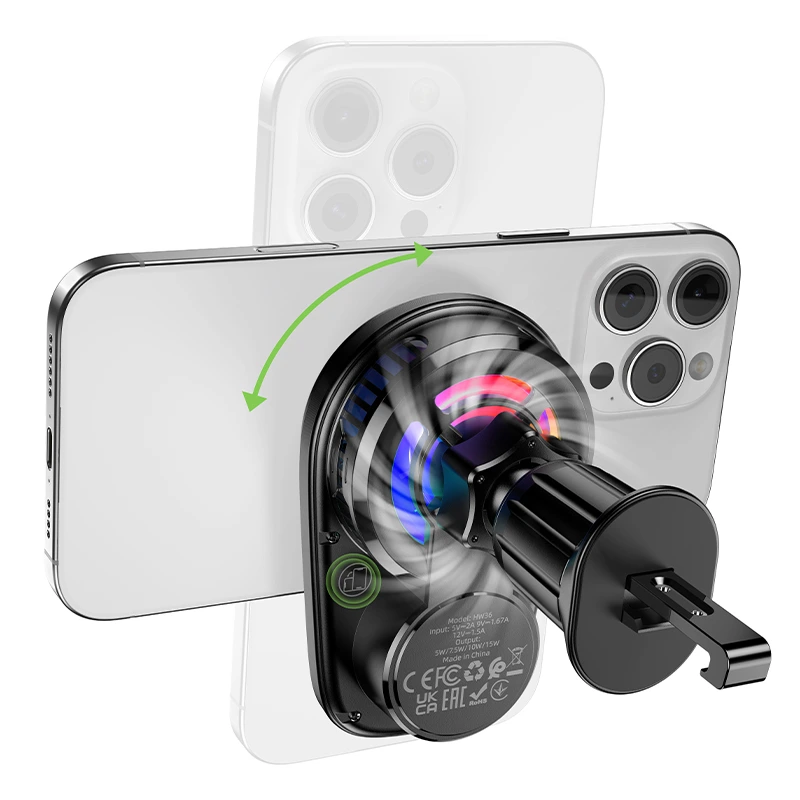Автотримач для телефона з БЗП HOCO HW36 electric rotating magnetic wireless fast charging car holder(air outlet) Black — фото 4
