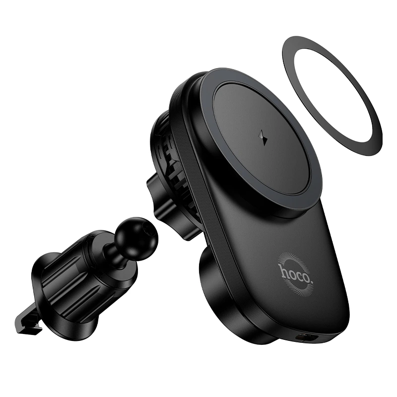 Автотримач для телефона з БЗП HOCO HW36 electric rotating magnetic wireless fast charging car holder(air outlet) Black — фото 5