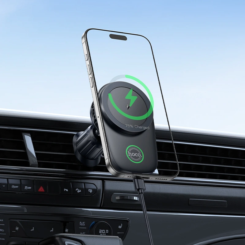 Автотримач для телефона з БЗП HOCO HW36 electric rotating magnetic wireless fast charging car holder(air outlet) Black — фото 7
