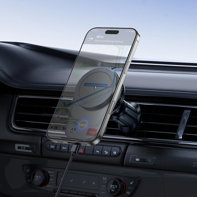 Автотримач для телефона з БЗП HOCO HW36 electric rotating magnetic wireless fast charging car holder(air outlet) Black — фото 8