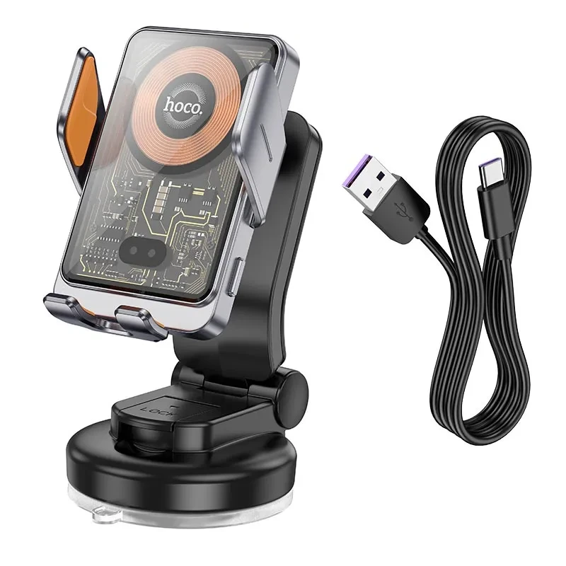 Автотримач для телефона з БЗП HOCO HW8 Transparent Discovery Edition wireless fast charging car holder(center console) Metal Gray — фото 4