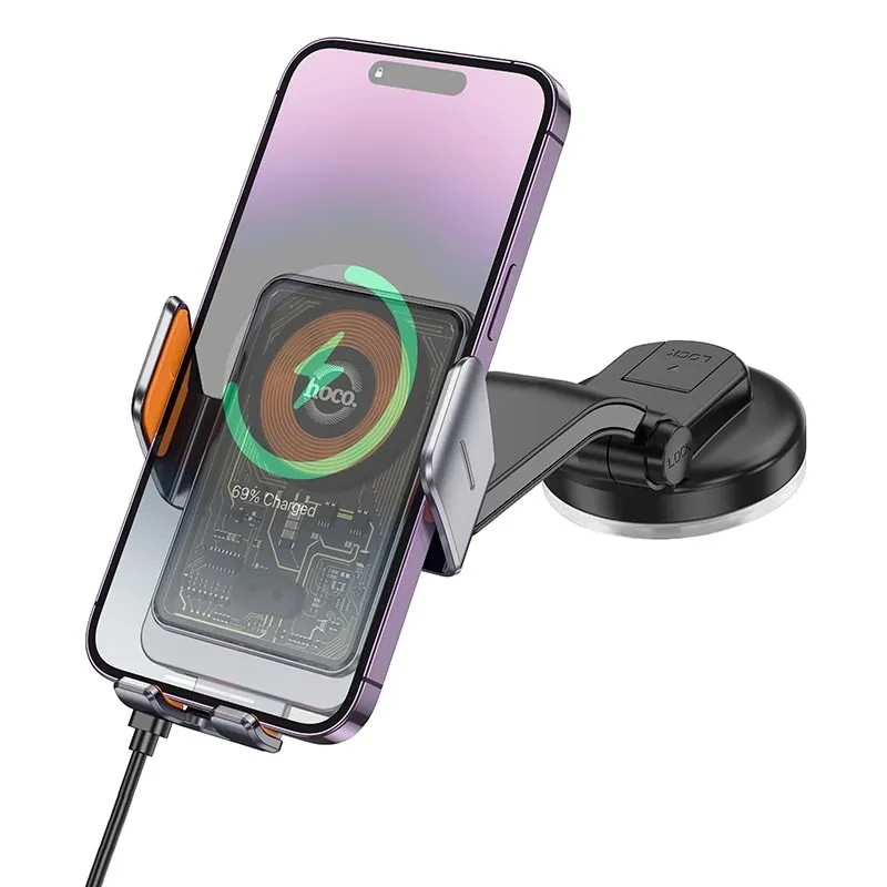 Автотримач для телефона з БЗП HOCO HW8 Transparent Discovery Edition wireless fast charging car holder(center console) Metal Gray — фото 6