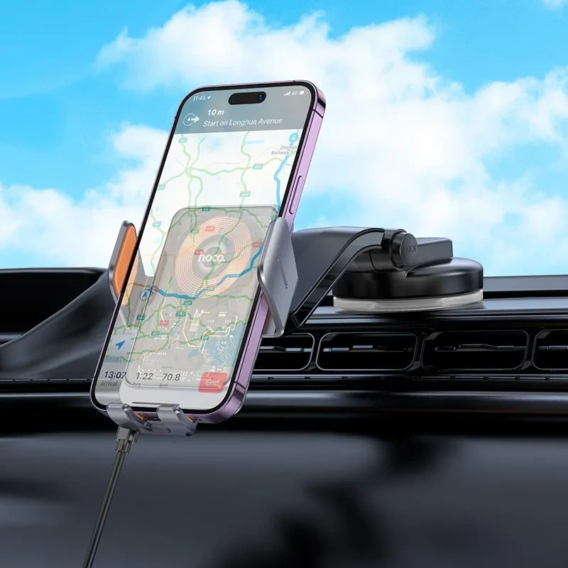 Автотримач для телефона з БЗП HOCO HW8 Transparent Discovery Edition wireless fast charging car holder(center console) Metal Gray — фото 8