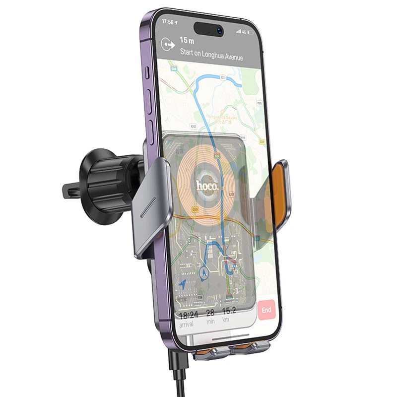 Автотримач з БЗП Hoco HW7 Transparent Discovery Edition (air outlet) Metal gray