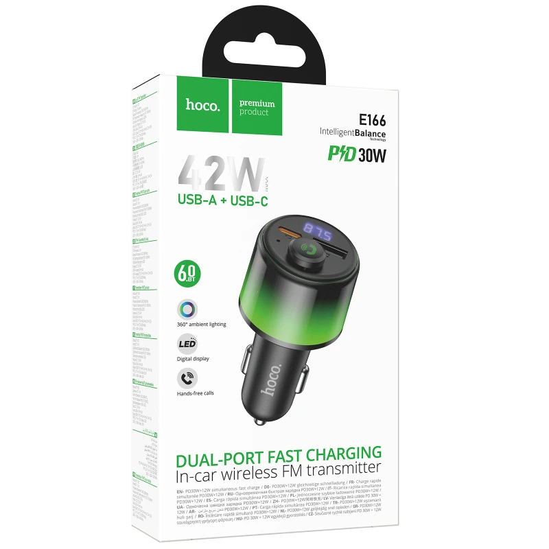 АЗП FM модулятор Hoco E166 Path PD42W+QC3.0 (1USB-A/1C) Black