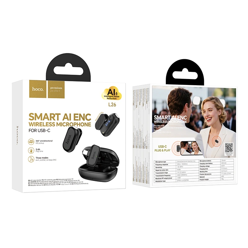 Бездротова мікрофонна система HOCO L26 Type-C Smart AI noise reduction wireless microphone Black