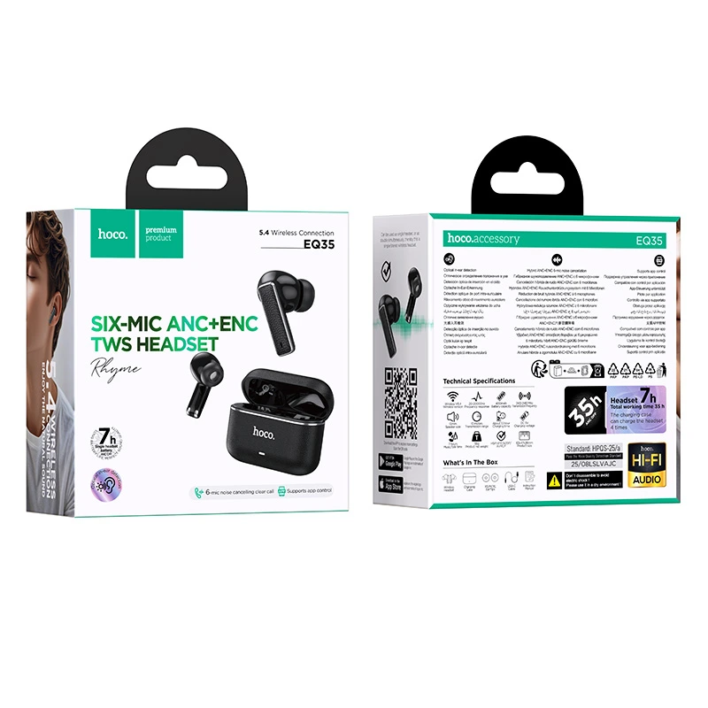 Бездротові навушники TWS HOCO EQ35 Rhyme true wireless ANC+ENC six microphones noise reduction BT headset (App) Black