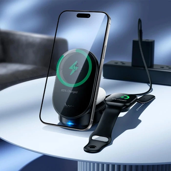 Бездротовий зарядний пристрій HOCO CQ23 Pole Qi2.2 3-in-1 magnetic wireless fast charger Black — фото 6