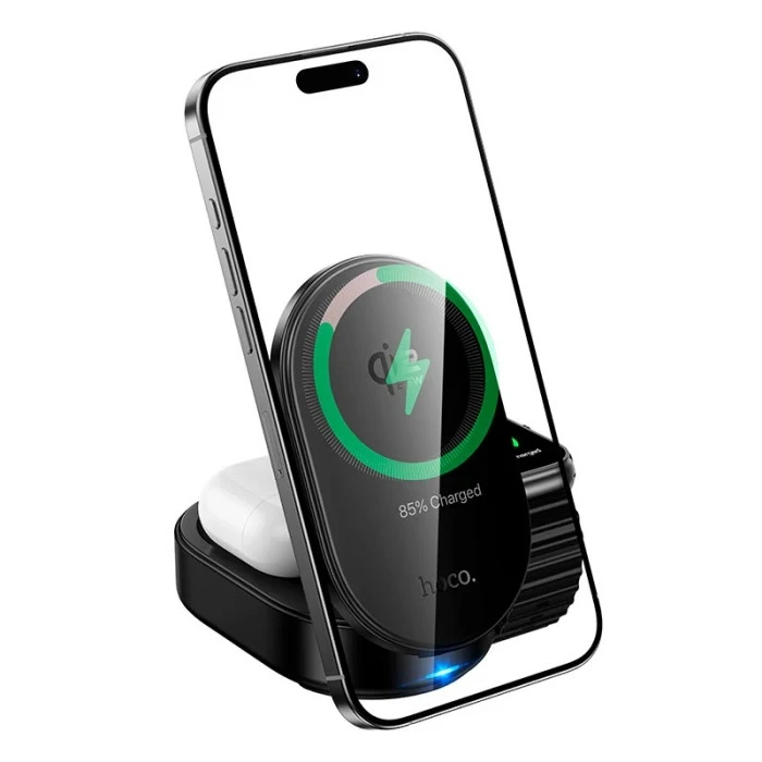 Бездротовий зарядний пристрій HOCO CQ23 Pole Qi2.2 3-in-1 magnetic wireless fast charger Black — фото 7