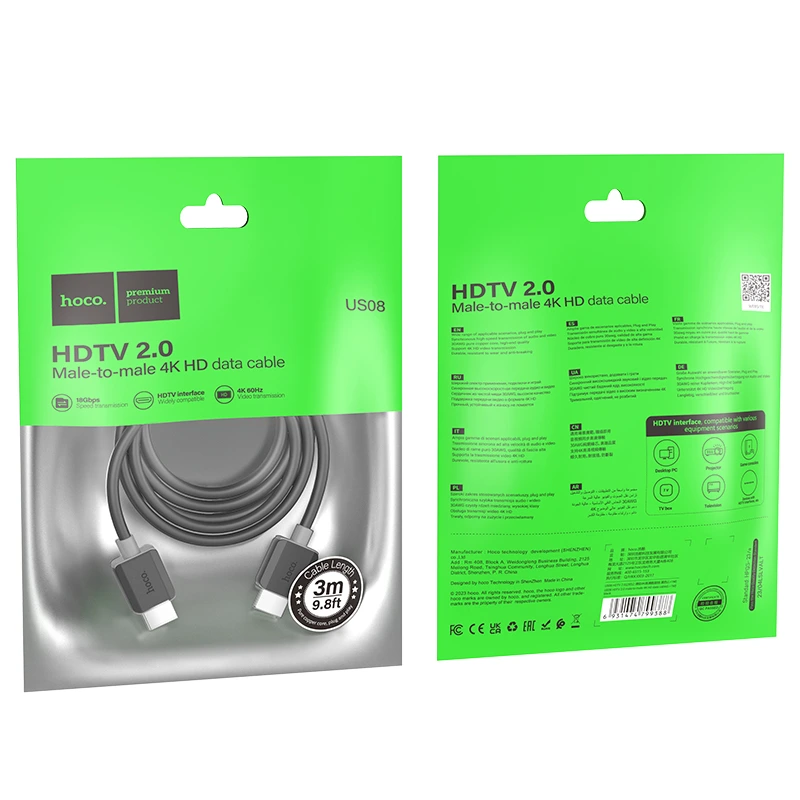 Кабель HOCO US08 HDTV 2.0 male-to-male 4K HD data cable(L=3M) Black — фото 8