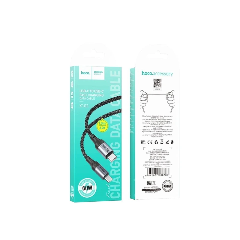 Кабель HOCO X102 Type-C to Type-C 3A, 1m, nylon, aluminum connectors, Black