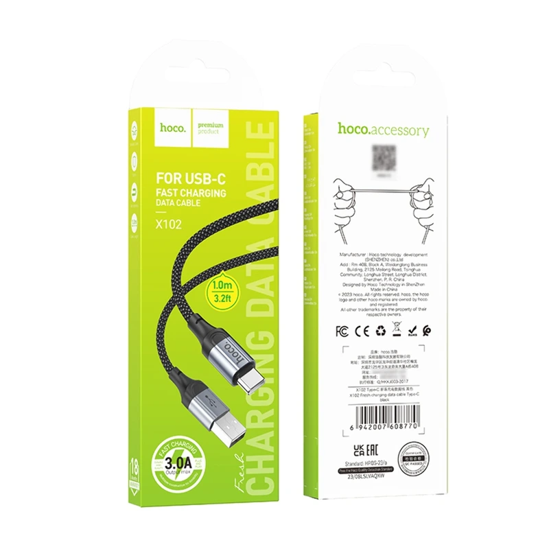 Кабель HOCO X102 USB to Type-C 3A, 1m, nylon, aluminum connectors, Black
