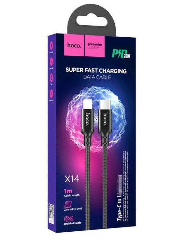 Кабель HOCO X14 Type-C to iP 3A, 20W, 1m, nylon, aluminum connectors, Black
