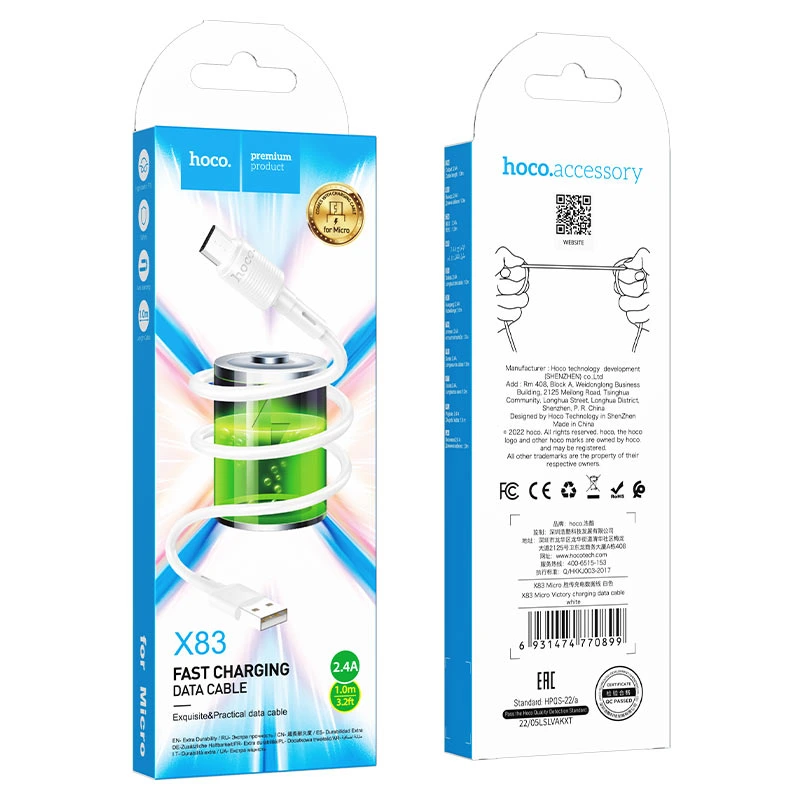 Кабель HOCO X83 USB to Micro 2.4A, 1m, PVC, PVC connectors, White