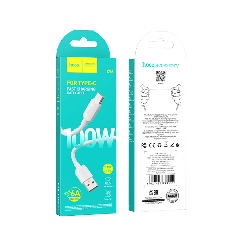 Кабель HOCO X96 Hyper 100W charging data cable Type-C White