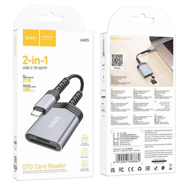 Кардрідер HOCO UA25 2-in-1 card reader Type-C Metal Gray — фото 9