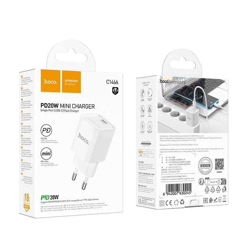 Мережевий зарядний пристрій HOCO C146A Charm single port PD20W charger (EU) White