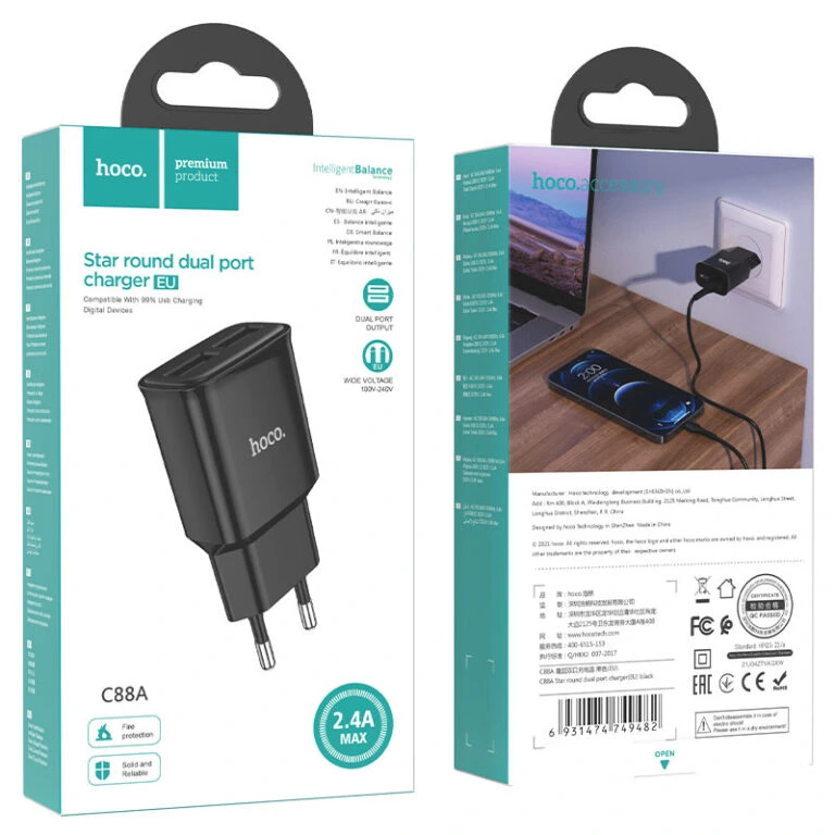 Мережевий зарядний пристрій HOCO C88A Star round dual port charger 12W Black