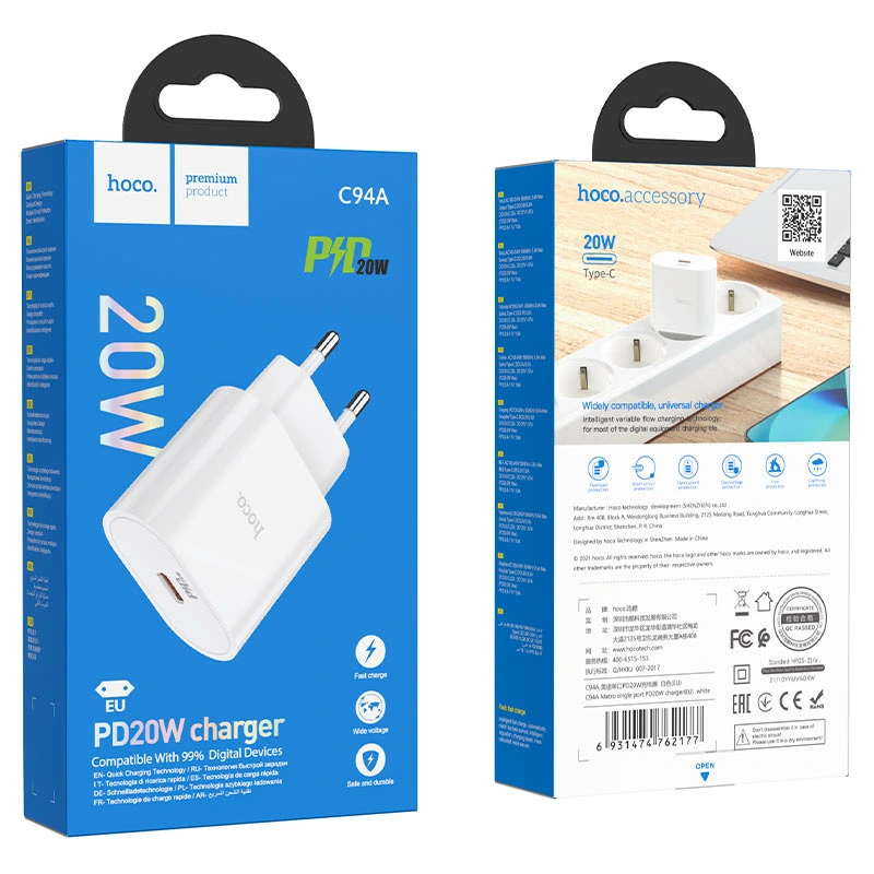 Мережевий зарядний пристрій HOCO C94A Metro single port PD20W charger White