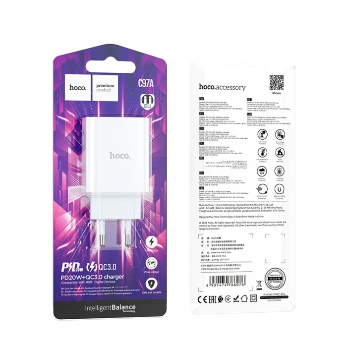 Мережевий зарядний пристрій HOCO C97A PD20W+QC3.0 charger White