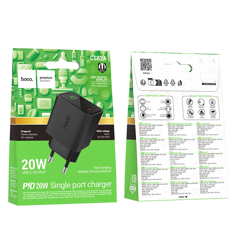 Мережевий зарядний пристрій HOCO CS82A Excellent single port PD20W charger with digital display(EU) Black