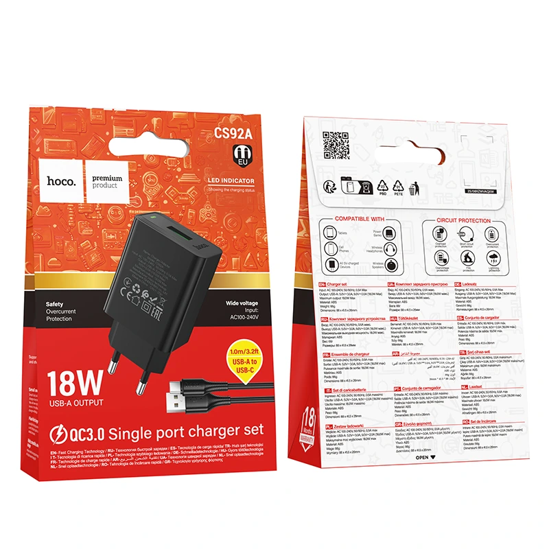 Мережевий зарядний пристрій HOCO CS92A Leader single port QC3.0 charger set(Type-C) Black