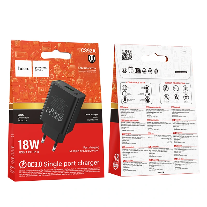Мережевий зарядний пристрій HOCO CS92A Leader single port QC3.0 charger(EU) Black